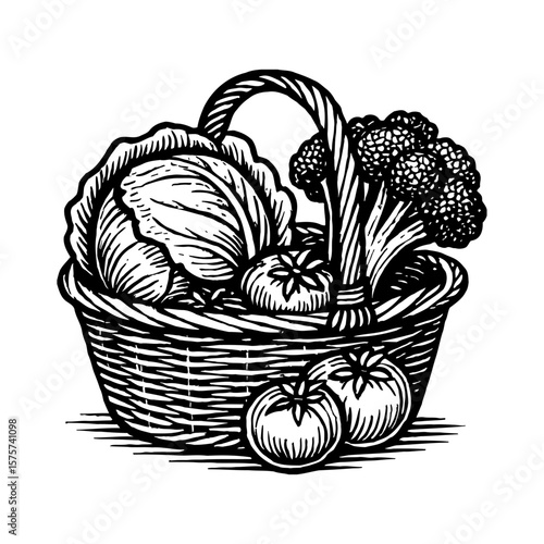 Full Wicker Basket Filled with Fresh Healthy Organic Vegetables Black and White Outline Line Art Drawing