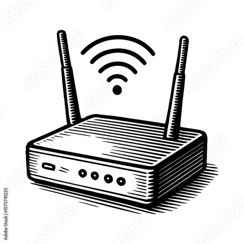 Classic Wireless Wi Fi Router with Antennas and Signal Black and White Outline Line Art Drawing