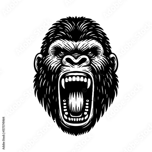 Angry Ferocious Gorilla Roaring Head Close Up Full Face Black and White Outline Line Art Drawing