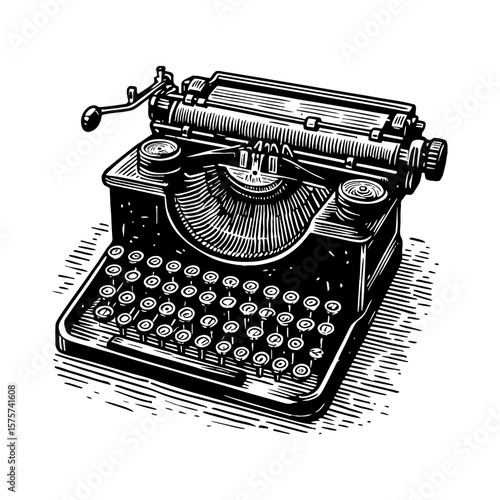 Vintage Typewriter Machine Black and White Outline Line Art Drawing Classic Retro Desk Object Writing Tool