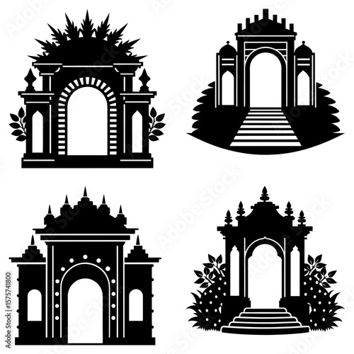 Illustration of four different ornate archways with varying designs and surrounding vegetation elements