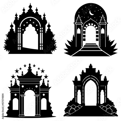 Four ornate archways with varied architectural styles and decorative elements in black silhouette designs