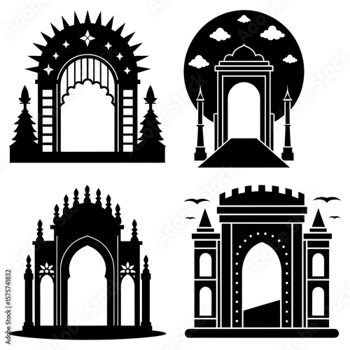 Four different architectural archways in black silhouette with varying designs and backgrounds shown
