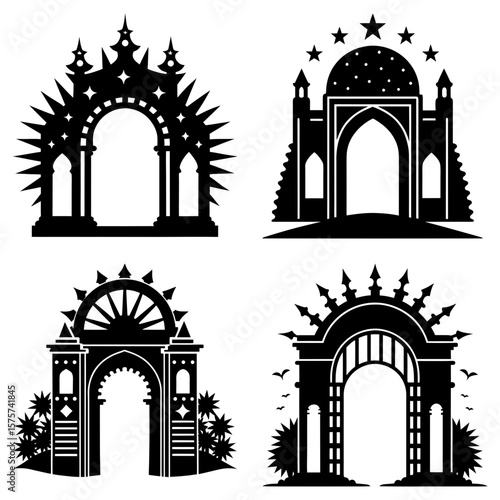 Collection of four different decorative archways with various architectural styles in black silhouette design