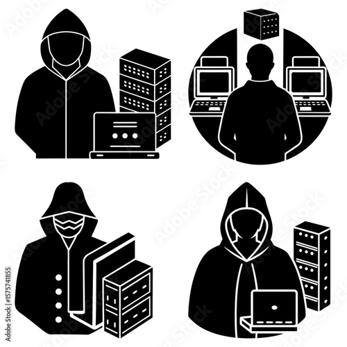 Four depictions of hackers with servers and computers in black and white silhouette style icons set