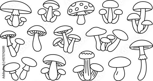 Cute Outline Mushroom Clipart:  Various Shapes,  Simple Line Art,  Whimsical Style