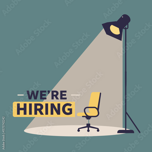 An empty office chair sits illuminated by a spotlight, with a "We're Hiring" sign, symbolizing job opportunities and recruitment.