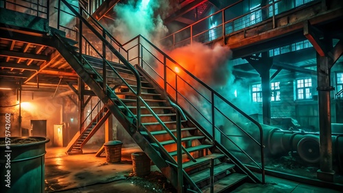Metal stairs in an old factory with smoke