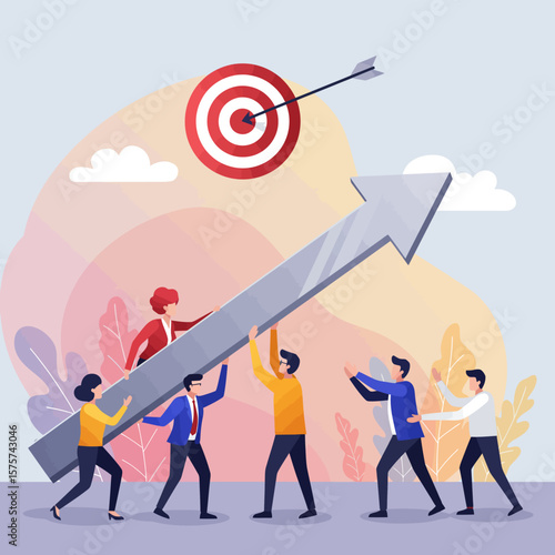 A diverse team of individuals works together to elevate a large upward arrow towards a bullseye target, symbolizing collective success and business growth.