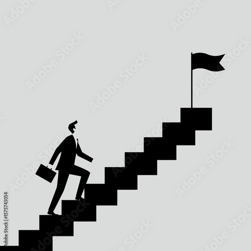 Ambitious businessman confidently climbs a staircase toward a flag, symbolizing his pursuit of success and career advancement in a minimalist illustration.