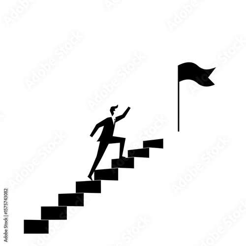 A silhouette of a businessman climbing stairs represents achieving goals, ambition, and success, with a flag atop, symbolizing triumph and progress against a white background.