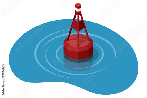 A prominent red Isometric navigation buoy floats on the blue water, creating ripples, serving as a vital marker for marine safety and guidance