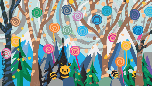 Illustration of a candy forest with bees, trees, mountains, and colorful lollipop decorations