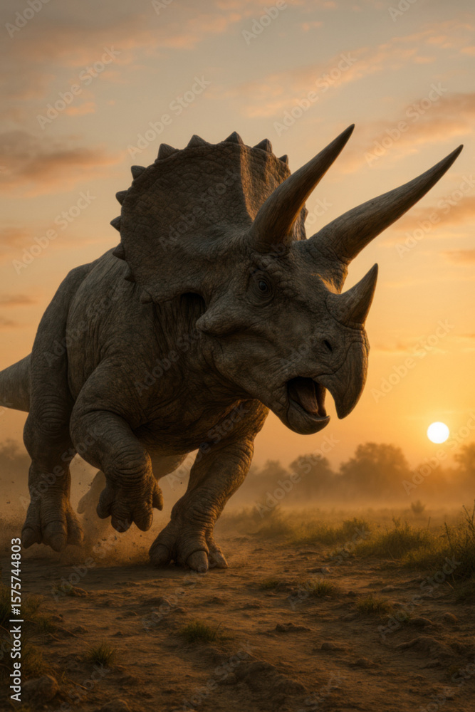 Fototapeta premium Charging Triceratops at Sunset in Prehistoric LandscapeFerocious Triceratops Running Through Dusty Terrain