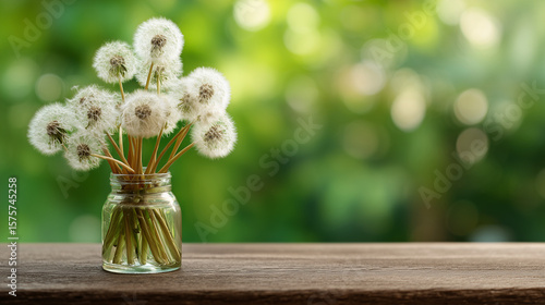  Dandelion seed heads in a small glass jar. AI generation.