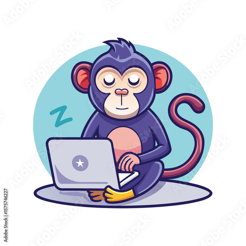 Funny monkey dozing off during Zoom call vector illustration, adorable sleepy animal character in work-from-home office scene, perfect for humor and business concepts.