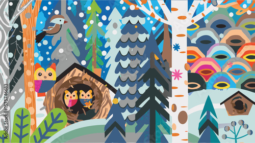 A whimsical winter scene with owls in a nest and a bird perched among snow covered trees art style