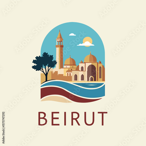 Vector of Beirut with domes, minarets, sea waves, tree and warm Mediterranean sun, blending Christian and Islamic architecture