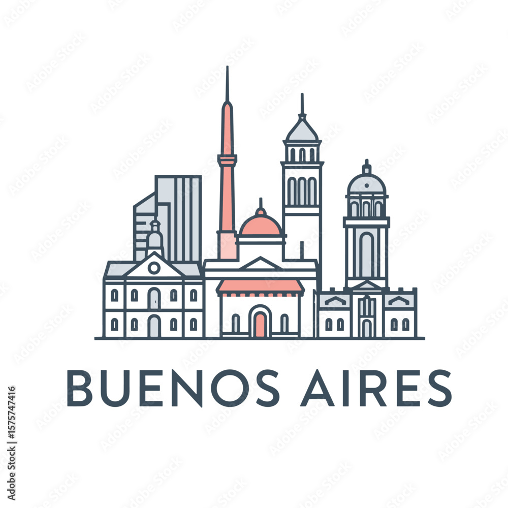 Obraz premium Line art vector of Buenos Aires with historic architecture, domes and towers, ideal for travel branding or editorial use