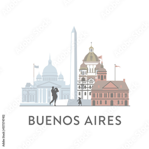 Vector of Buenos Aires with iconic buildings, the Obelisco, Casa Rosada and a couple dancing tango, representing Argentina’s culture