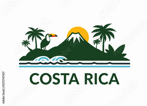 Wallpaper Mural Flat vector of Costa Rica with volcano, sun, tropical trees, and toucan by the ocean. Monochrome style design Torontodigital.ca