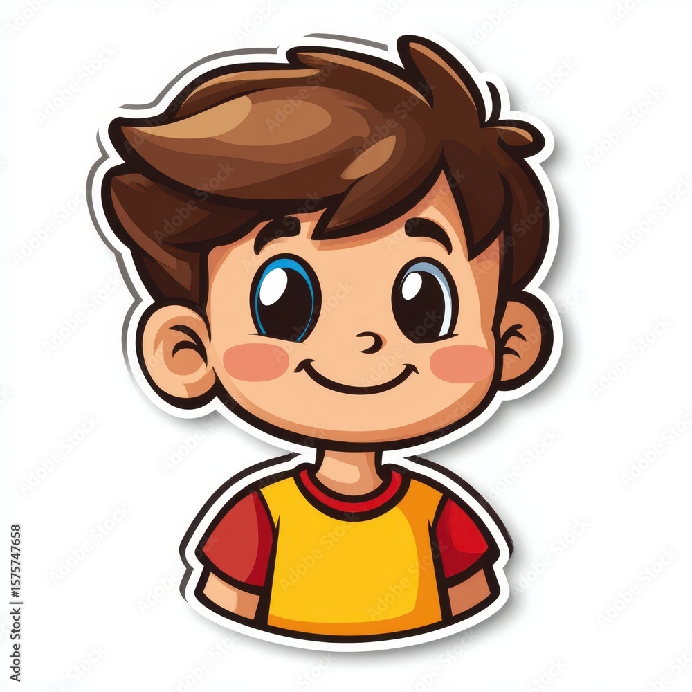 Happy cartoon boy with brown hair and a cheerful smile in a bright yellow t-shirt and red sleeves outdoors Happy cartoon boy with brown hair and a cheerful smile in a bright yellow t-shirt and red sleeves outdoors