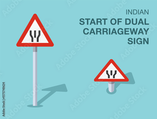 Traffic regulation rules. Isolated indian "start of dual carriageway" road sign. Front and top view. Flat vector illustration template.