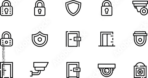 Security System Icons:  Modern Line Art,  Clean Minimalist Style,  Safe and Secure Mood.