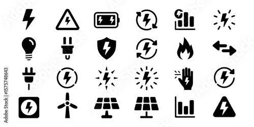 Electricity and Energy Glyph Icon Set Featuring Lightning Bolt, Battery, Plug, Solar Panel, Wind Turbine, Renewable Power, and Electrical Safety in Black Silhouette Vector Style.

