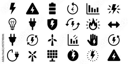 Electricity and Renewable Power Glyph Icon Set with Battery, Plug, Lightning Bolt, Solar Panel, Wind Turbine, and Safety Symbols in Bold Black Silhouette Illustration.

