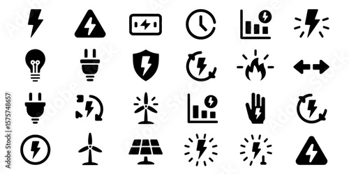Electricity and Energy Glyph Icon Set Featuring Lightning Bolt, Battery, Plug, Solar Panel, Wind Turbine, Renewable Power, and Electrical Safety in Black Silhouette Vector Style.

