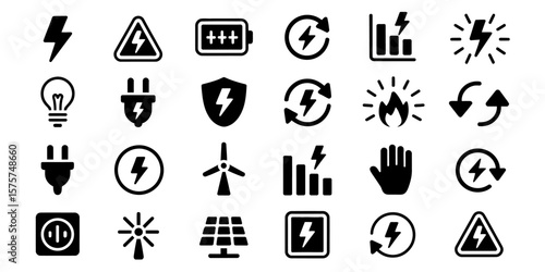 Electricity and Renewable Power Glyph Icon Set with Battery, Plug, Lightning Bolt, Solar Panel, Wind Turbine, and Safety Symbols in Bold Black Silhouette Illustration.

