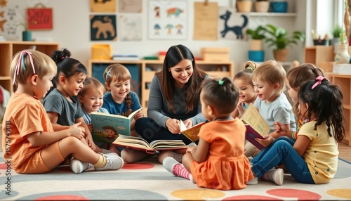 Diverse group of preschoolers sitting in a circle reading storybooks with a teacher, warm cozy classroom, joyful learning atmosphere 2