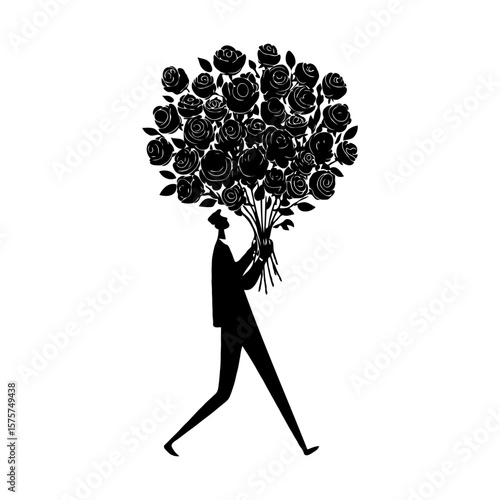 Silhouette of person carrying oversized bouquet of roses on white background. Concept of gift, romance, celebration flower delivery