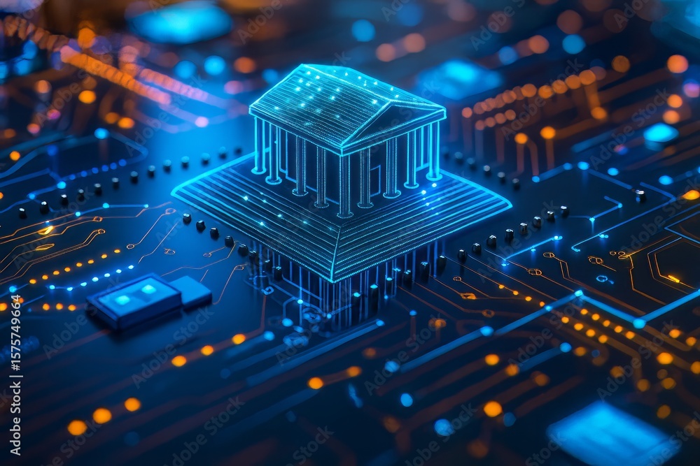 Digital Banking Security: A Futuristic Representation of Financial Technology with Glowing Blue Bank Building on a Circuit Board Background. Digital Banking Security: A Futuristic Representation of Financial Technology with Glowing Blue Bank Building on a Circuit Board Background.