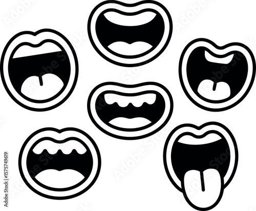 Cartoon Mouths: Six Diverse Expressions, Bold Black, White Background