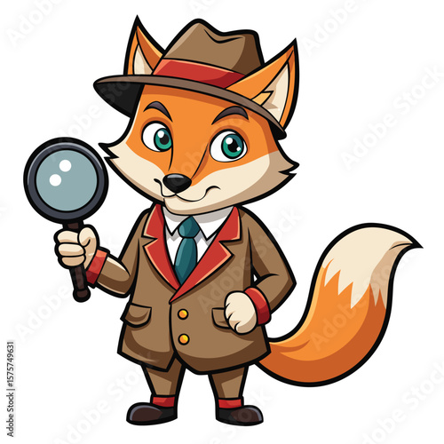 Cartoon fox detective holding magnifying glass