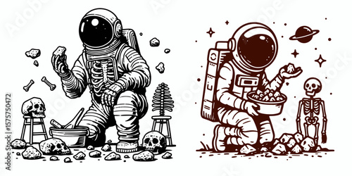 A Skeleton as Astronaut collecting rock samples curious. Career Job Profession Occupation Employment Work Clipart Line Art Vector Illustration. Bony space traveler gathers geology specimen.