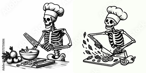 A Skeleton as Chef chopping vegetables swiftly. Career Job Profession Occupation Employment Work Clipart Line Art Vector Illustration. Boney cook slicing produce quick spooky cuisine expert.