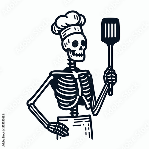 A Skeleton as Chef holding spatula proudly. Career Job Profession Occupation Employment Work Clipart Line Art Vector Illustration. Bony cook with turner in hand beaming kitchen activity.