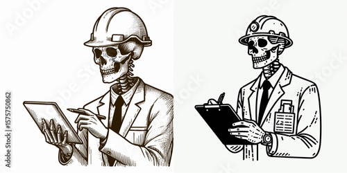 A Skeleton as Engineer holding tablet analyzing. Career Job Profession Occupation Employment Work Clipart Line Art Vector Illustration. Bony technician with device for digital review data.