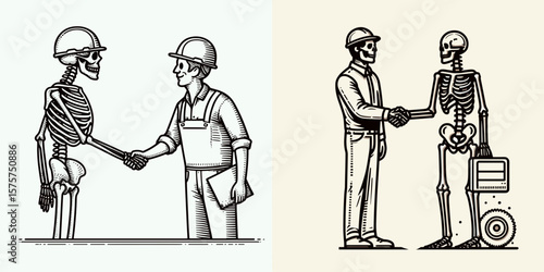 A Skeleton as Engineer shaking hands on teamwork. Career Job Profession Occupation Employment Work Clipart Line Art Vector Illustration. bony creator in construction giving welcome project.