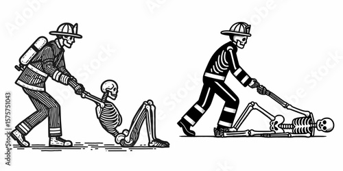 A Skeleton as Firefighter pulling victim to safety. Career Job Profession Occupation Employment Work Clipart Line Art Vector Illustration. Bony rescuer blaze protector hauling casualty.
