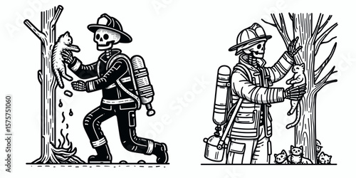 A Skeleton as Firefighter rescuing kitten from tree. Career Job Profession Occupation Employment Work Clipart Line Art Vector Illustration. Bony rescuer aids feline blaze combat hero saving.