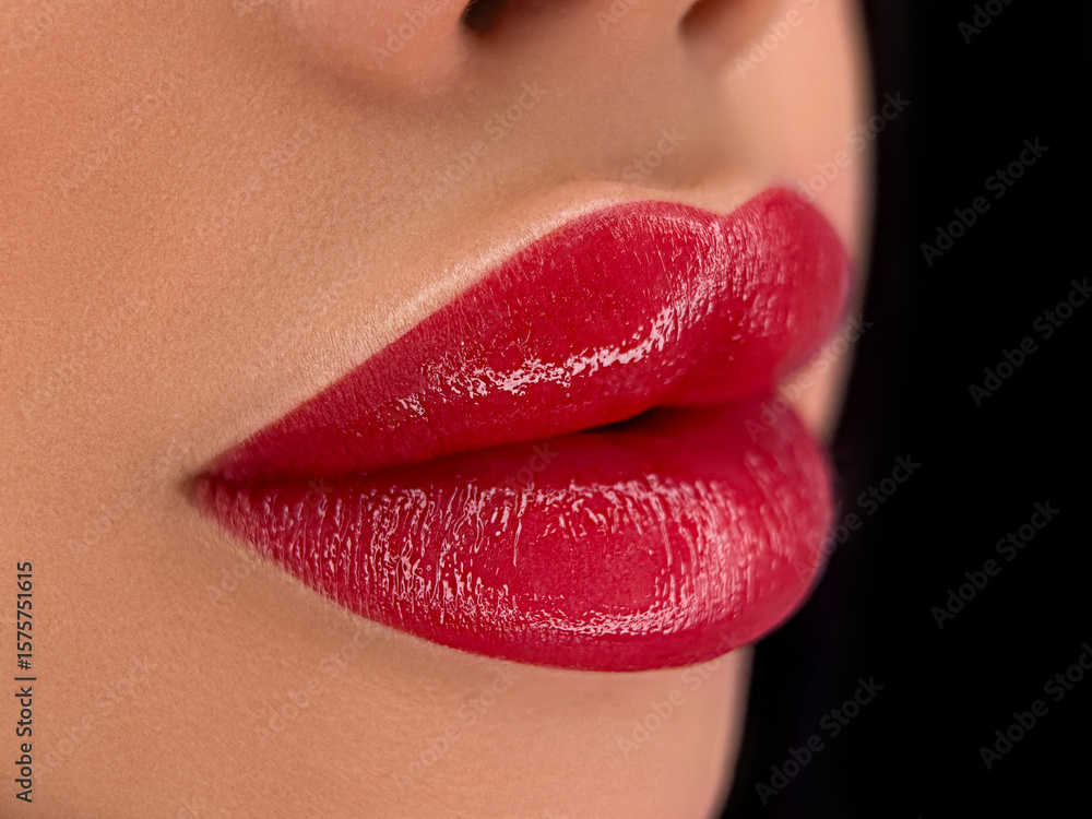 Φωτογραφία A close-up shot of a woman's lips as she applies a pink-tinted lip balm or lipstick