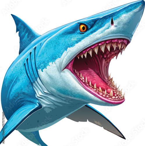 Aggressive blue shark with open mouth and sharp teeth on a black background