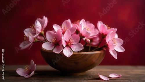 Delicate Pink Blossoms in a Rustic Wooden Bowl, a Still Life Study of Springtime Beauty
