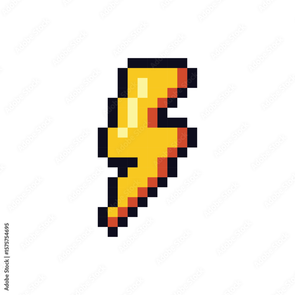 Fototapeta premium Pixel art flash lightning isolated on transparent background. Charge, energy, power icon in 8-bit retro video game style. Vector illustration. 