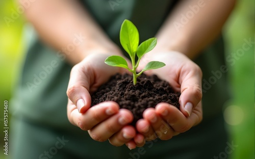 Hands hold small green plant with soil. Eco-friendly concept, environmental protection, nature care, sustainable lifestyle. New life, growth, springtime, ecology, earth day, future, eco-friendly.