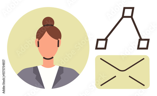Portrait of a woman in formal attire with an email envelope and geometric draft. Ideal for networking, business communication, digital design, email services, work collaboration, connection, simple